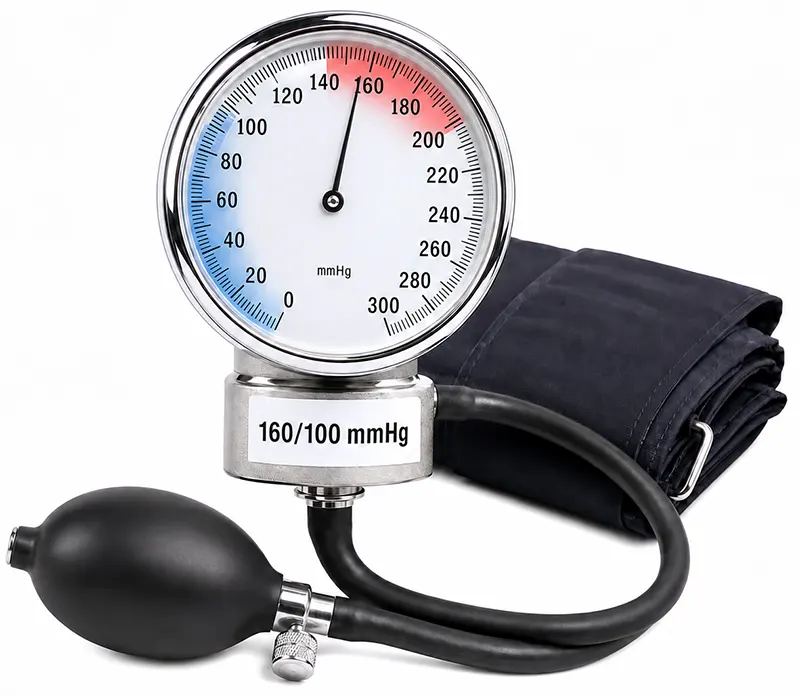 Tensiomètre indiquant une pression artérielle élevée supérieure à 140/90 mmHg