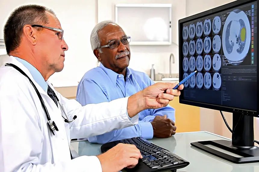 Médecin examinant une IRM d'un Atlas désaligné Le docteur examine une IRM de l’Atlas désaligné