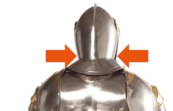 Armure médiévale représentant une musculature cervicale extrêmement contractée Armure médiévale représentant une musculature cervicale extrêmement contractée